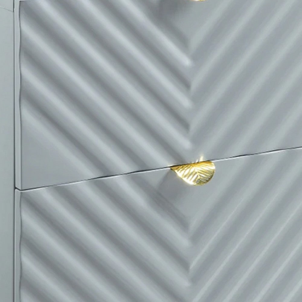 Tyra 25 Inch Wood Nightstand, Textured Wavy Design, Gold Metal Legs, Gray - BM275526