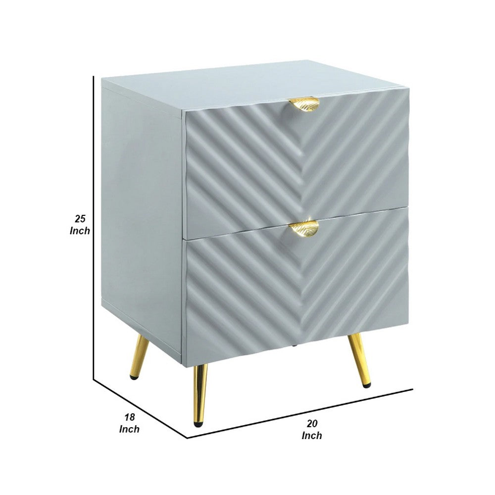 Tyra 25 Inch Wood Nightstand, Textured Wavy Design, Gold Metal Legs, Gray - BM275526