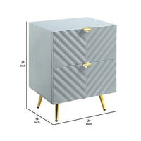 Tyra 25 Inch Wood Nightstand, Textured Wavy Design, Gold Metal Legs, Gray - BM275526