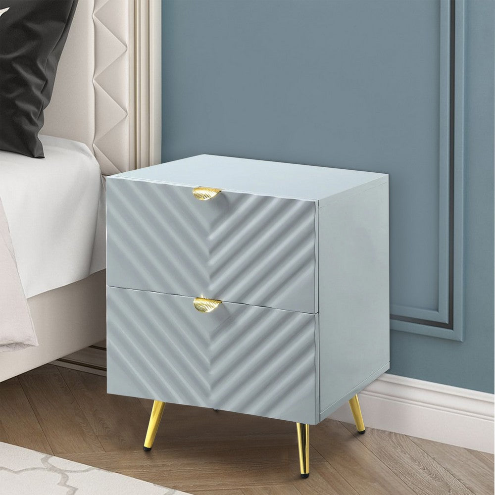 Tyra 25 Inch Wood Nightstand, Textured Wavy Design, Gold Metal Legs, Gray - BM275526