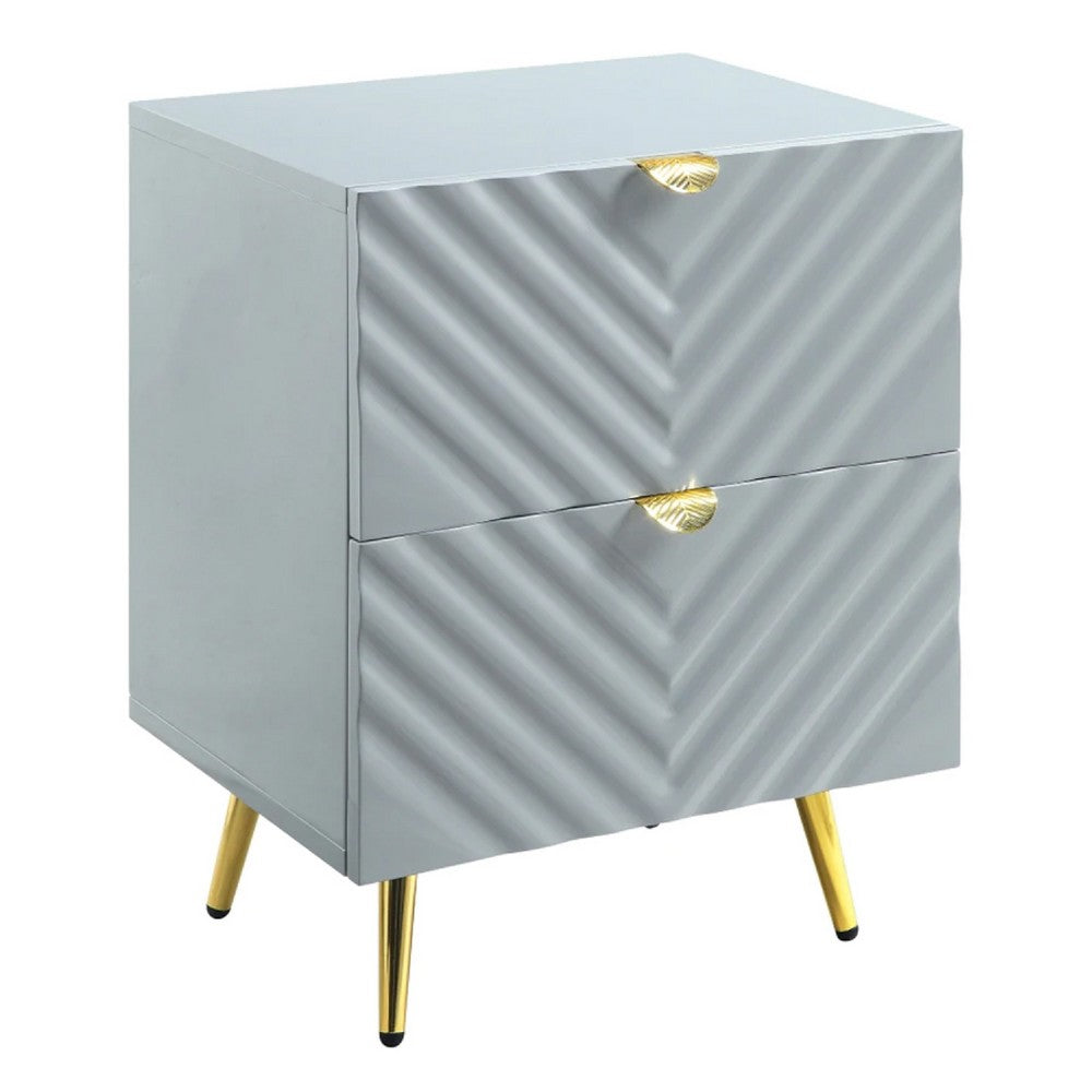 Tyra 25 Inch Wood Nightstand, Textured Wavy Design, Gold Metal Legs, Gray - BM275526