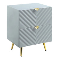 Tyra 25 Inch Wood Nightstand, Textured Wavy Design, Gold Metal Legs, Gray - BM275526