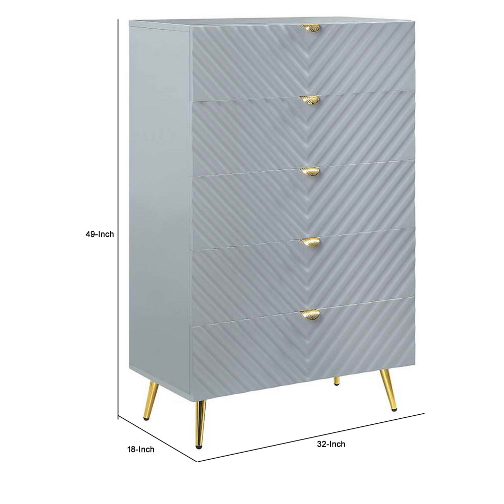 Tyra 49 Inch Wood Tall Dresser, Wavy Textured Design, Gold Metal Legs, Gray - BM275529