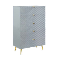 Tyra 49 Inch Wood Tall Dresser, Wavy Textured Design, Gold Metal Legs, Gray - BM275529