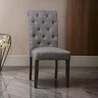 27 Inch Fabric Dining Chair, Button Tufted Rolled Back, Wood, Gray - BM275623