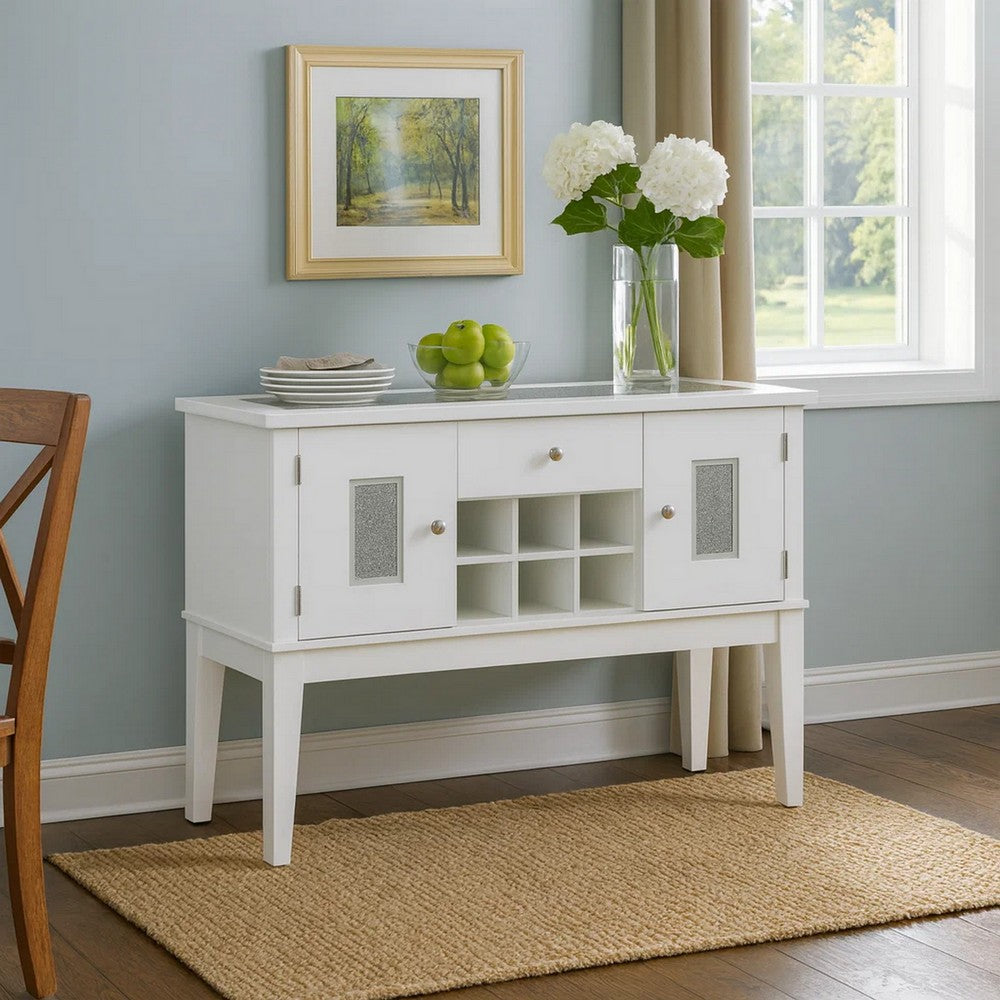 Zav 48 Inch Console Sideboard Buffet Bar Wine Cubbies, Faux Diamond Top, White - BM275651