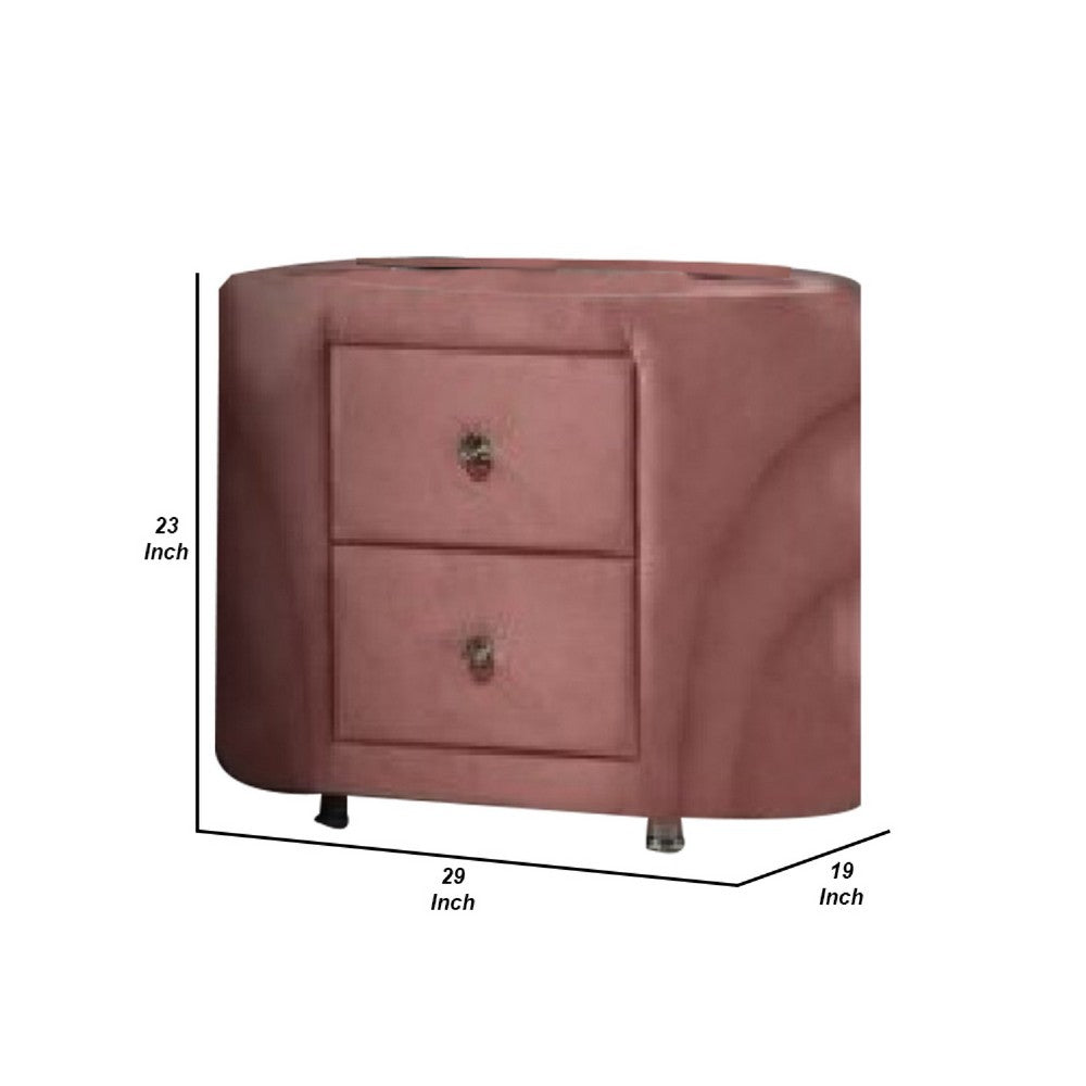 Sin 29 Inch Modern Nightstand, 2 Drawers, Round Metal Knobs, Velvet, Pink - BM275665