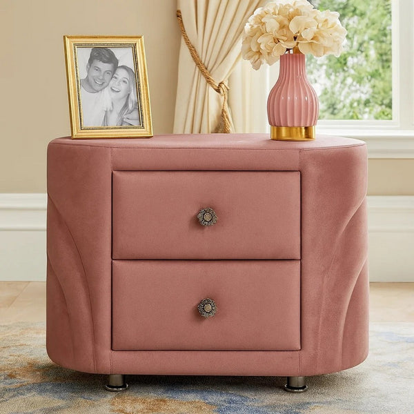 Sin 29 Inch Modern Nightstand, 2 Drawers, Round Metal Knobs, Velvet, Pink - BM275665