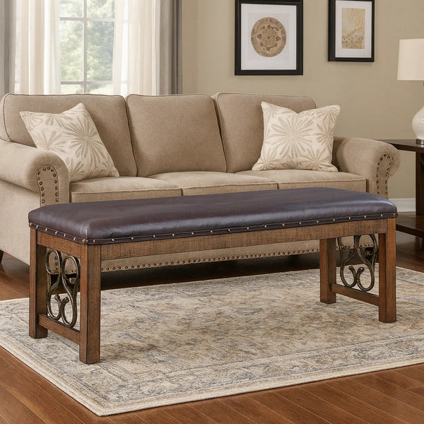 Ral 56 Inch Solid Wood Padded Bench, Metal Scroll Design, Nailhead, Brown - BM275678