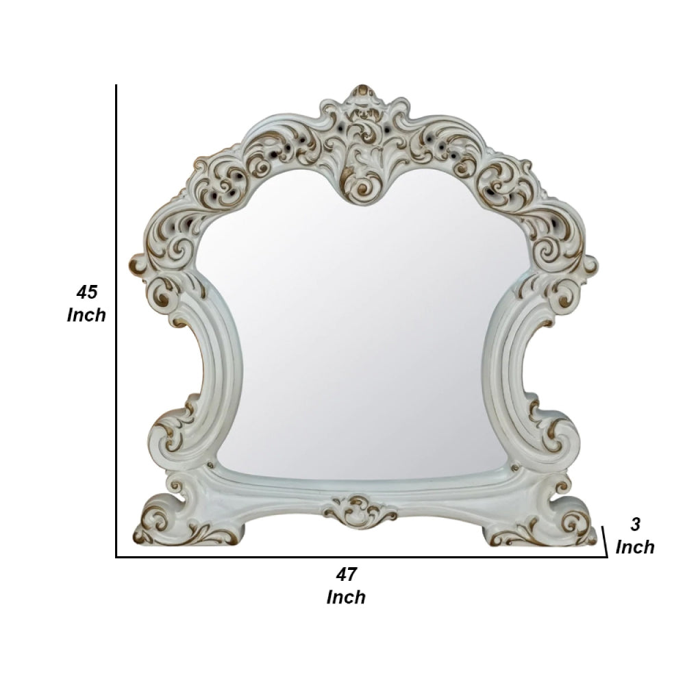 Jess 47 Inch Classic Mirror, Beveled Scrolled Carved Trim, Wood, White - BM275699