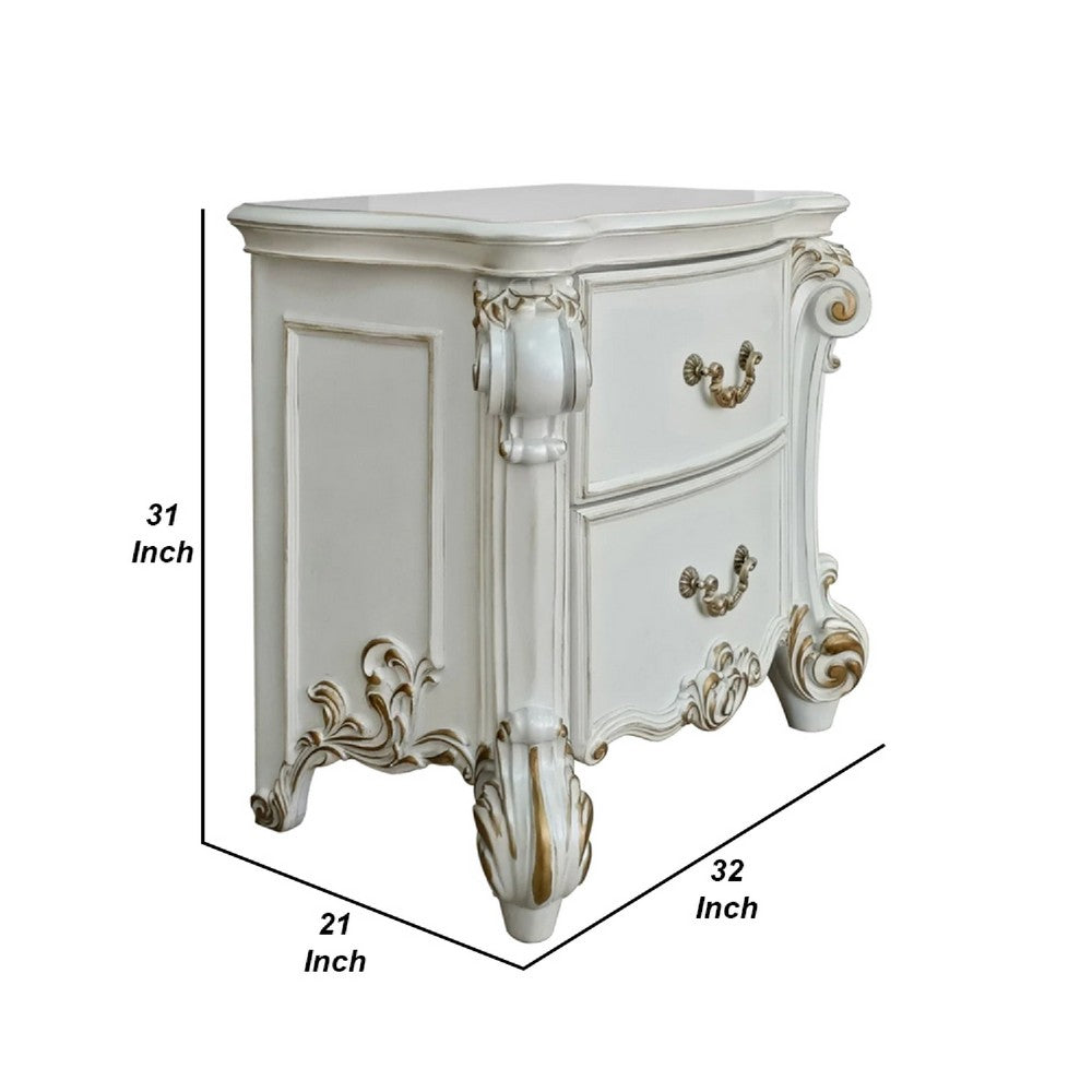 Jess 32 Inch Classic Nightstand, 2 Drawers, Molded Trim, Wood, White - BM275700