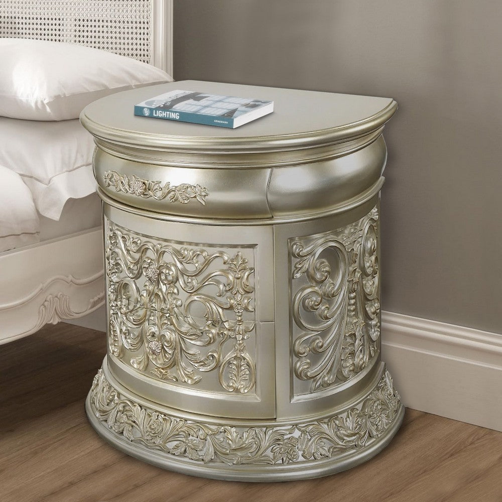 Isa 32 Inch Classic Nightstand, 2 Drawers, Ornate Carvings, Wood, Gold - BM275705
