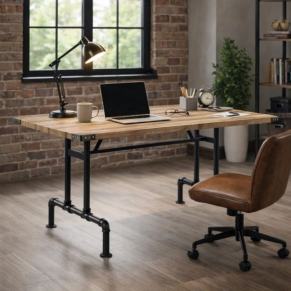 Ada 64 Inch Solid Wood Dining Table, Metal Frame, Rectangular, Brown - BM275722