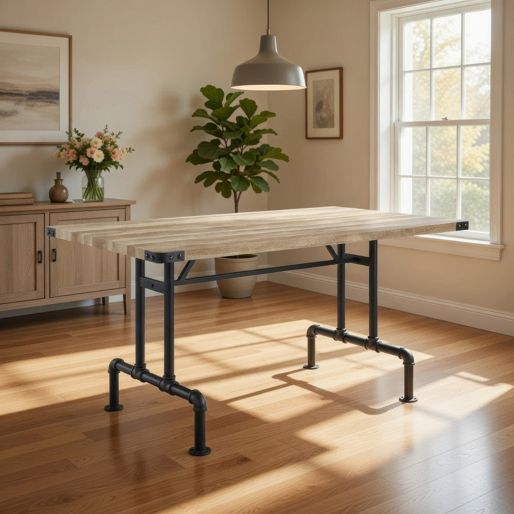 Ada 64 Inch Solid Wood Dining Table, Metal Frame, Rectangular, Brown - BM275722