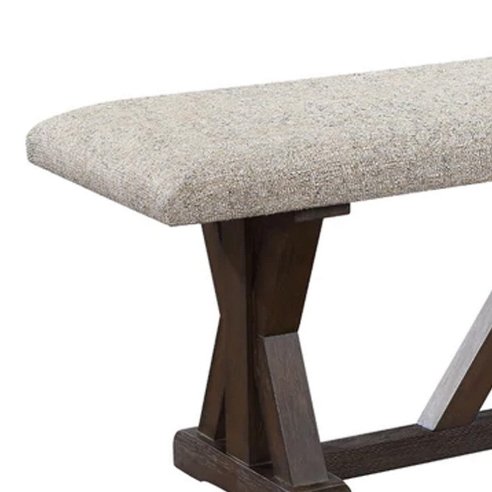 60 Inch Bench, Padded Cushion, X Shaped Trestle Base, Gray, Oak Brown - BM275727