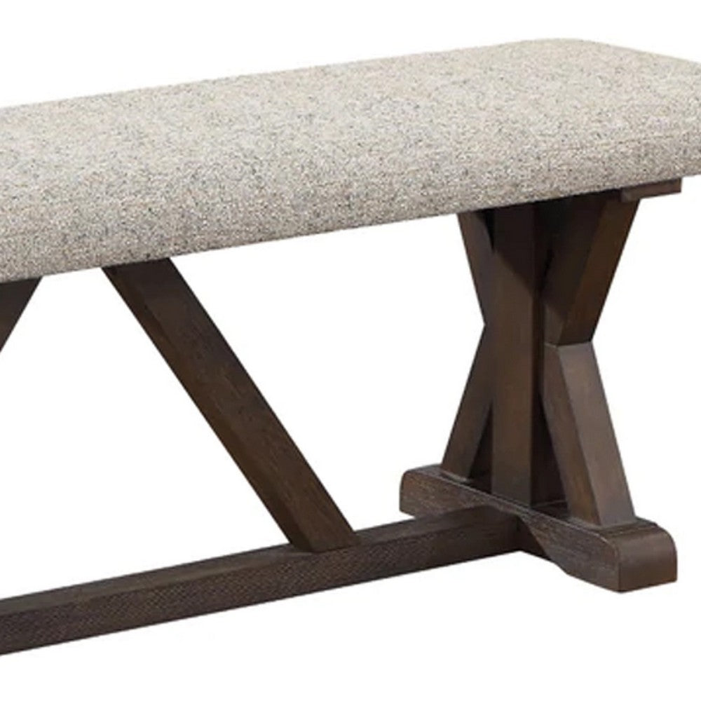 60 Inch Bench, Padded Cushion, X Shaped Trestle Base, Gray, Oak Brown - BM275727