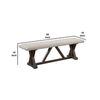 60 Inch Bench, Padded Cushion, X Shaped Trestle Base, Gray, Oak Brown - BM275727