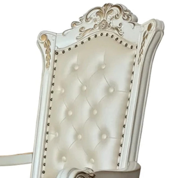 27 Inch Classic Vegan Leather Armchair, Button Tufted, Carved, White - BM275731