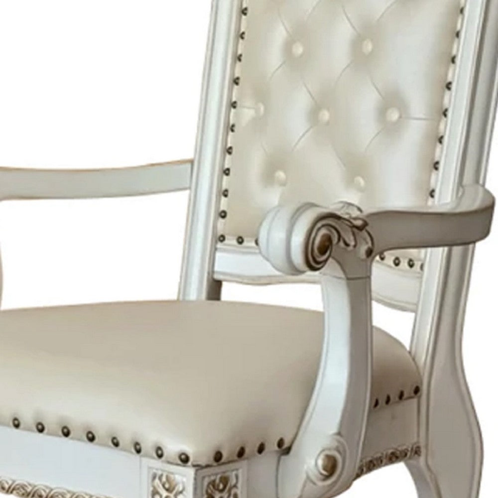 27 Inch Classic Vegan Leather Armchair, Button Tufted, Carved, White - BM275731