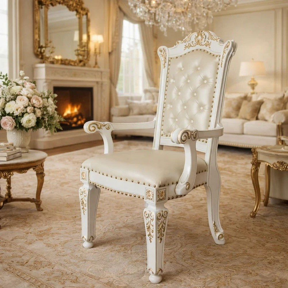 27 Inch Classic Vegan Leather Armchair, Button Tufted, Carved, White - BM275731