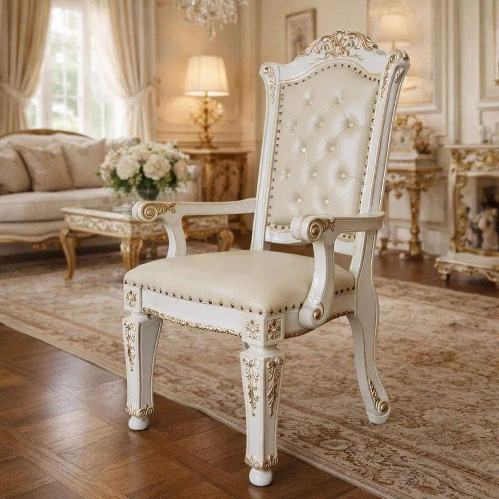 27 Inch Classic Vegan Leather Armchair, Button Tufted, Carved, White - BM275731