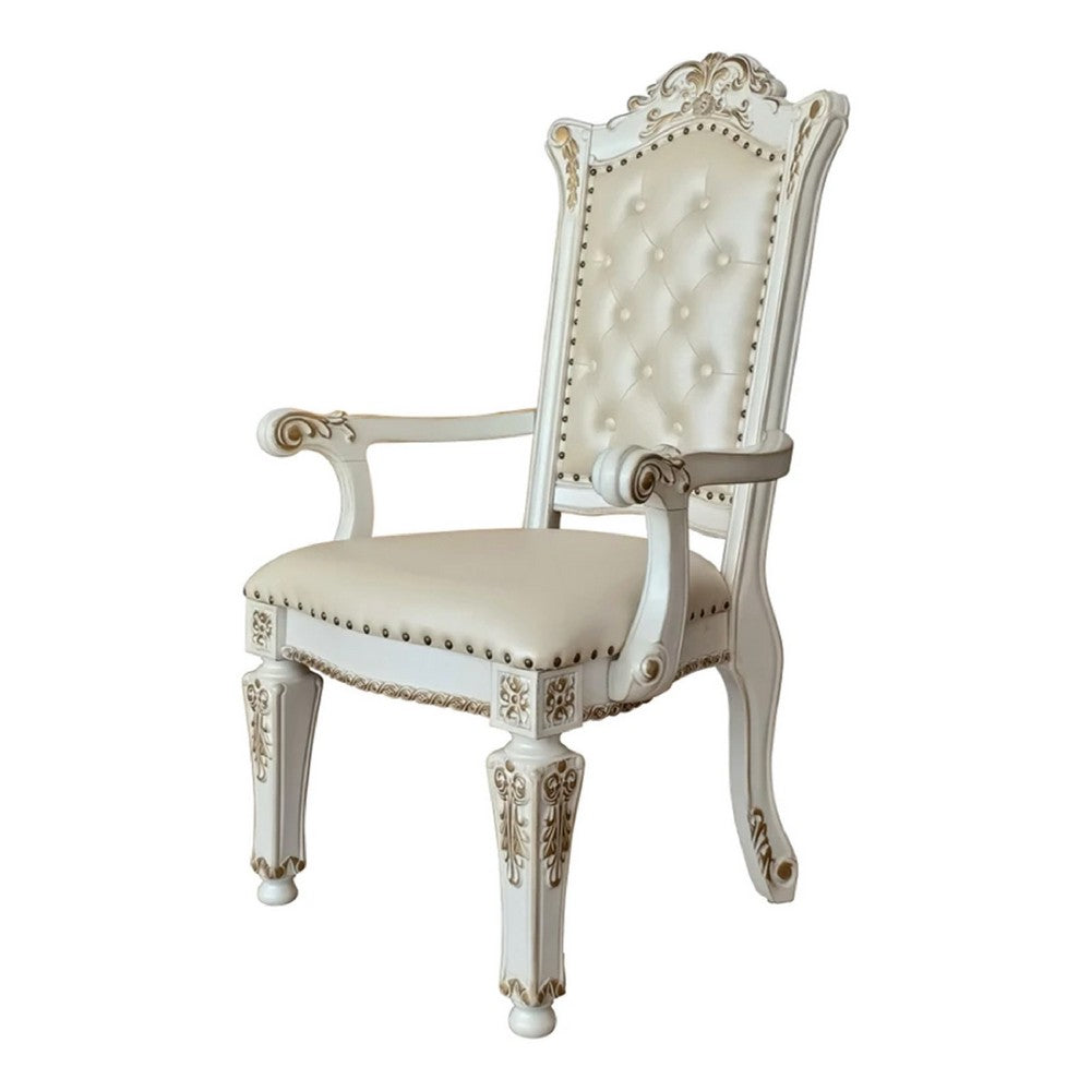 27 Inch Classic Vegan Leather Armchair, Button Tufted, Carved, White - BM275731
