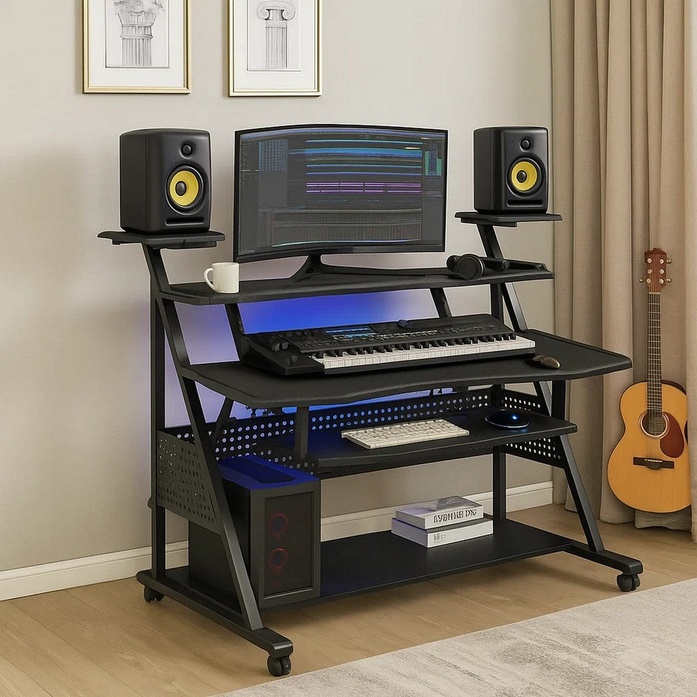 Gia 67 Inch Music Desk Studio Workstation, Keyboard Tray, Shelves, Black - BM276200