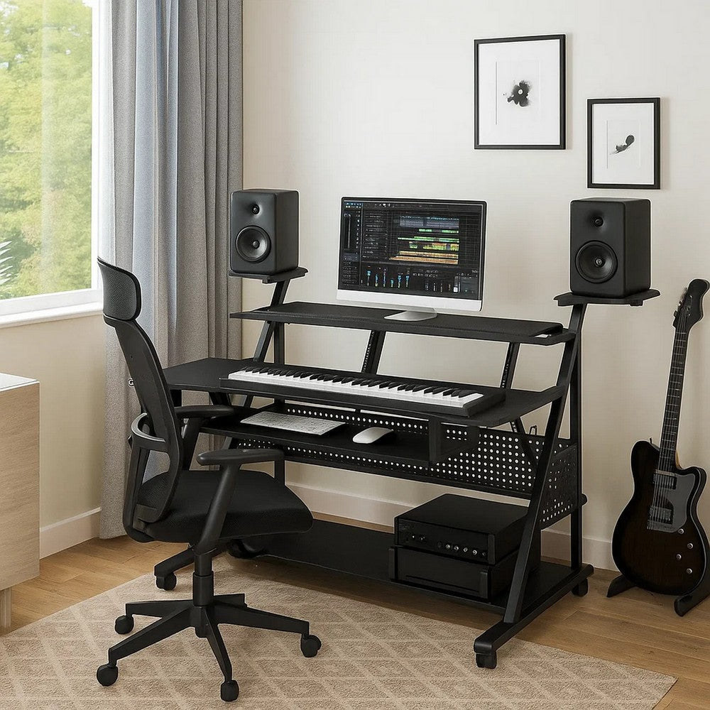 Gia 67 Inch Music Desk Studio Workstation, Keyboard Tray, Shelves, Black - BM276200
