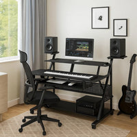 Gia 67 Inch Music Desk Studio Workstation, Keyboard Tray, Shelves, Black - BM276200