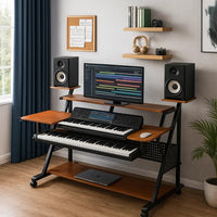Gia 67 Inch Wood Music Desk Studio Station, Keyboard Tray Shelves, Walnut - BM276201