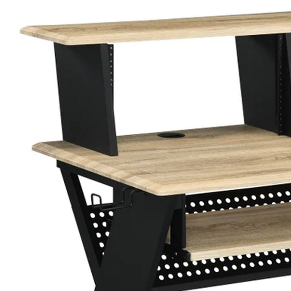 Tin 47 Inch Wood Music Desk Studio Station, Keyboard Tray, Shelves, Brown - BM276203