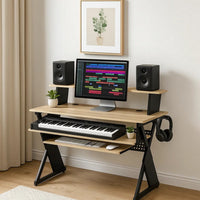 Tin 47 Inch Wood Music Desk Studio Station, Keyboard Tray, Shelves, Brown - BM276203