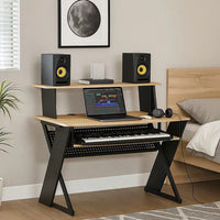Tin 47 Inch Wood Music Desk Studio Station, Keyboard Tray, Shelves, Brown - BM276203