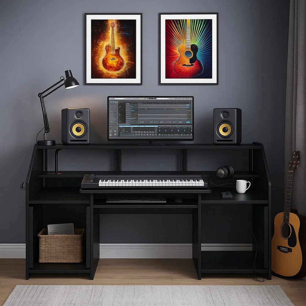 71 Inch Wood Music Studio Desk, Keyboard Tray, Monitor Top, Black - BM276204
