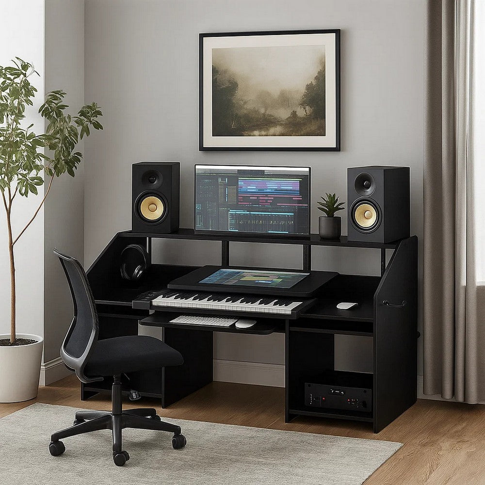 Benzara 71 Inch Wood Music Studio Desk, Keyboard Tray, Monitor Top