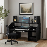 71 Inch Wood Music Studio Desk, Keyboard Tray, Monitor Top, Black - BM276204