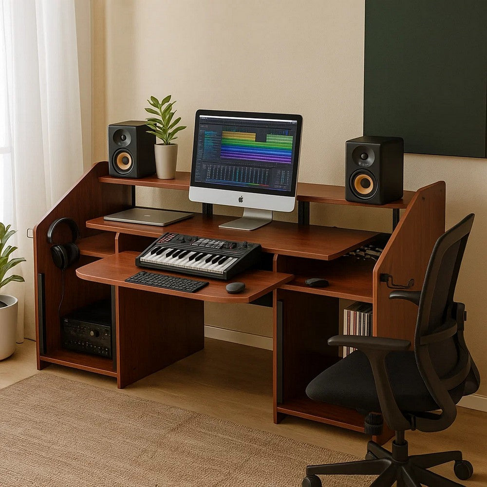 71 Inch Wood Music Desk Studio Workstation, 3 Shelves, Cherry Brown - BM276205
