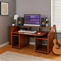 71 Inch Wood Music Desk Studio Workstation, 3 Shelves, Cherry Brown - BM276205