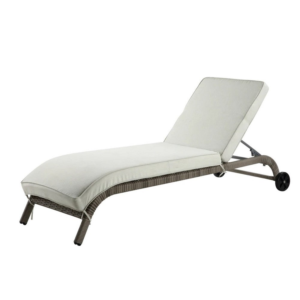 80 Inch Outdoor Patio Sun Lounge, All Weather Resin Wicker, Brown, White - BM276211