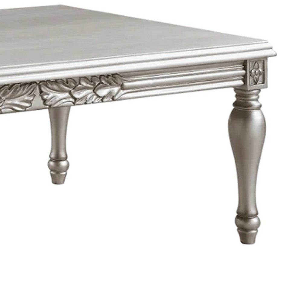 Sto 59 Inch Classic Coffee Table, Floral Trim, Turned Legs, Wood, Silver - BM276227
