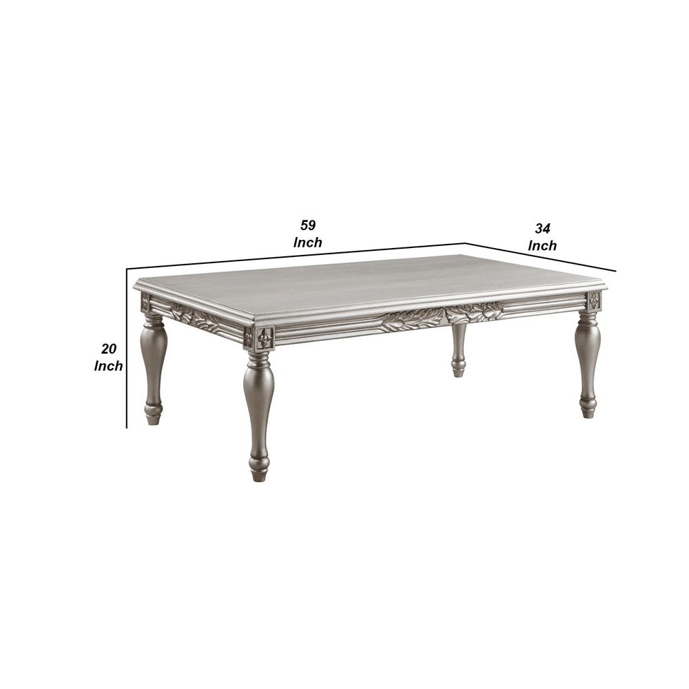 Sto 59 Inch Classic Coffee Table, Floral Trim, Turned Legs, Wood, Silver - BM276227