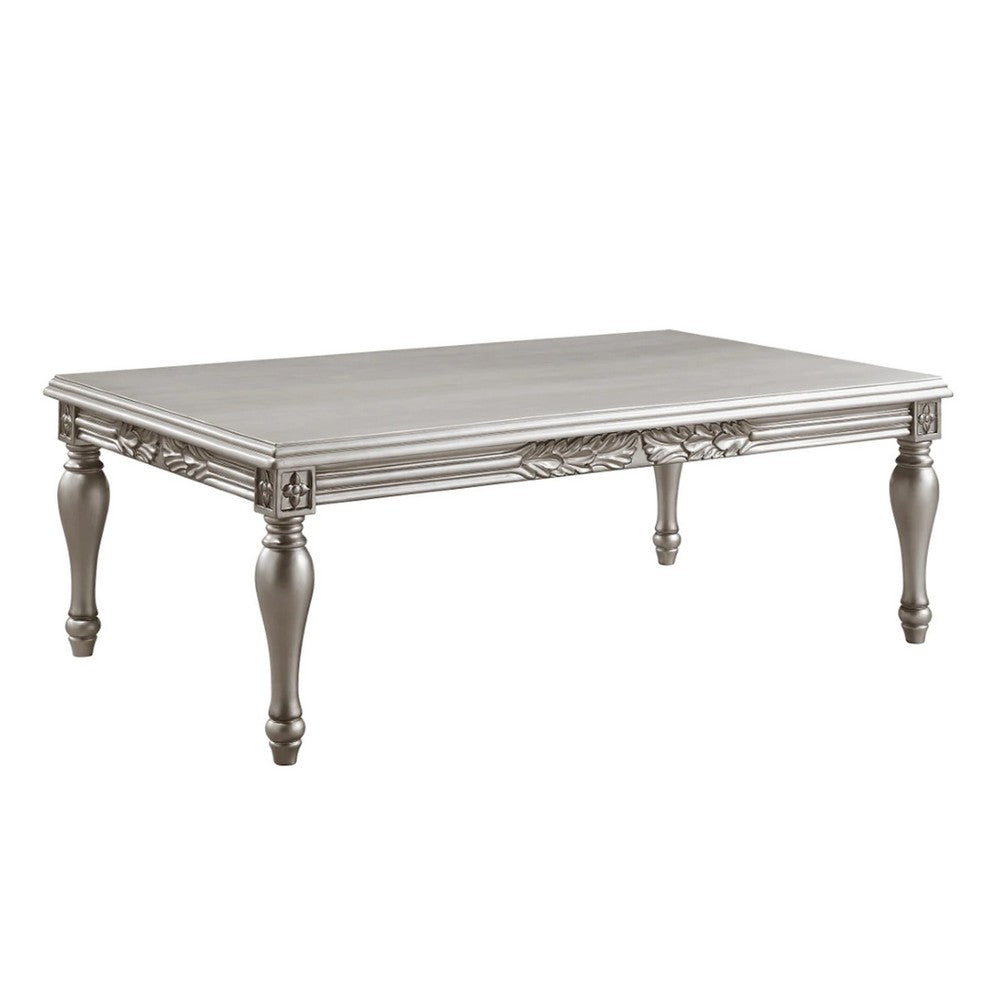 Sto 59 Inch Classic Coffee Table, Floral Trim, Turned Legs, Wood, Silver - BM276227