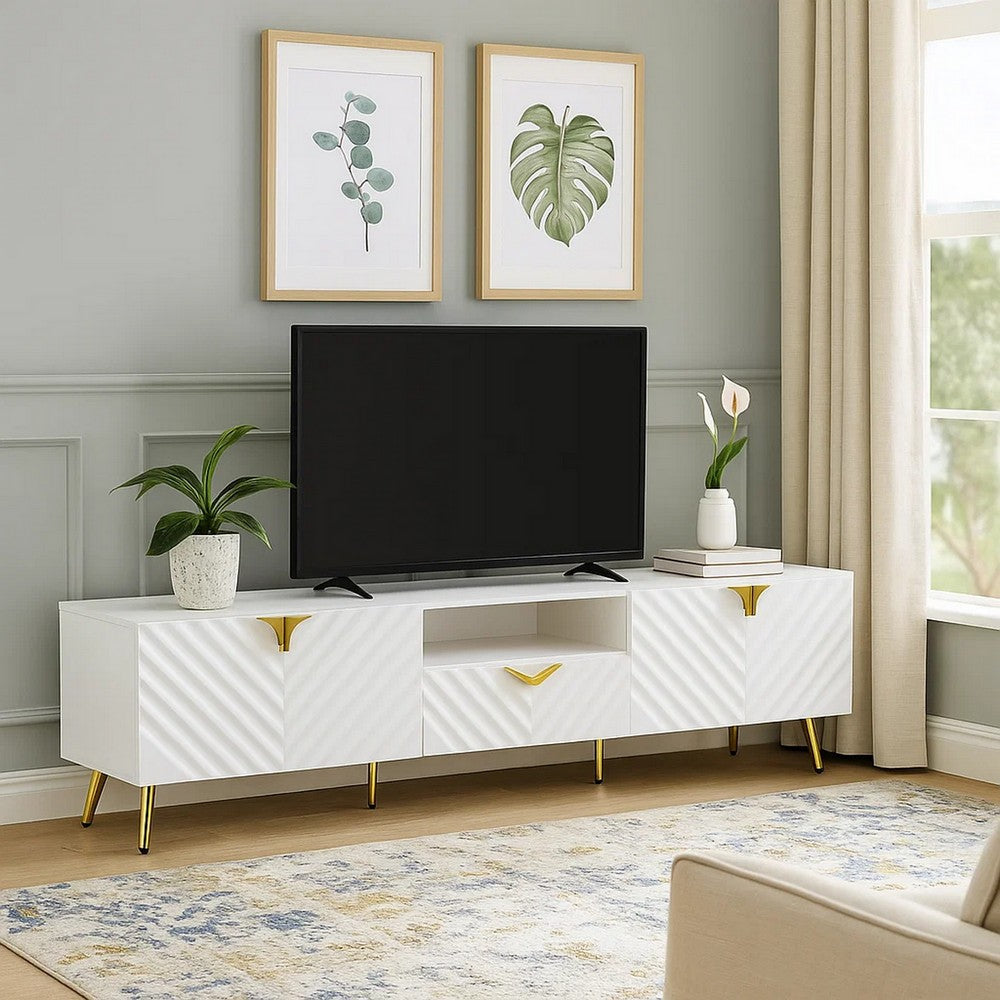 Tyra 79 Inch Modern TV Media Entertainment Center, 2 Doors, White, Gold - BM276248