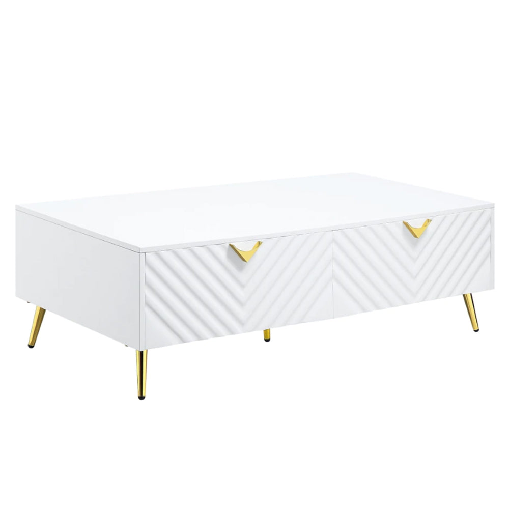 Tyra 53 Inch Modern Coffee Table, 2 Drawers, Metal Handles, White, Gold - BM276249