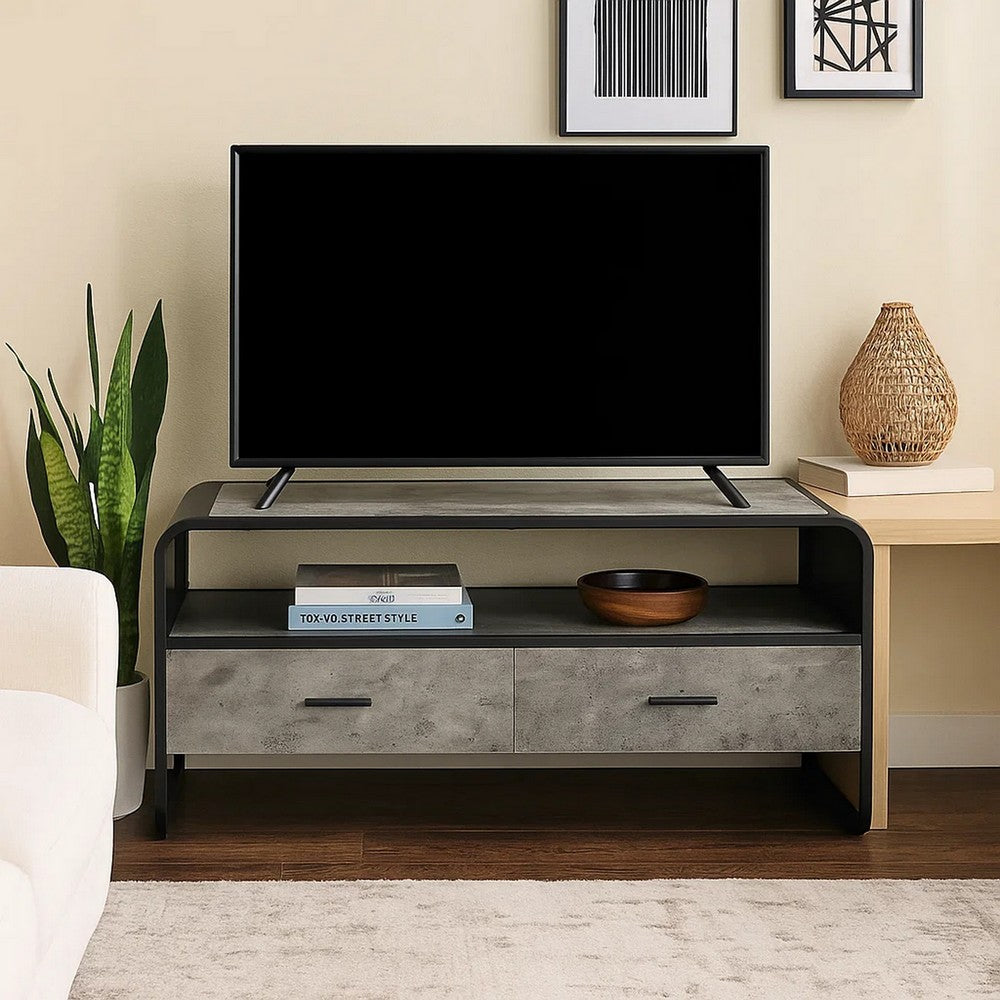 Ish 39 Inch Entertainment Center TV Stand, 2 Drawers, Wood, Gray, Black - BM276252