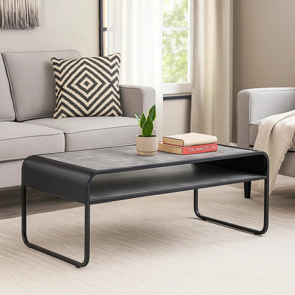 Ish 42 Inch Modern Coffee Table with Curved Edge Design, Wood, Gray, Black - BM276253