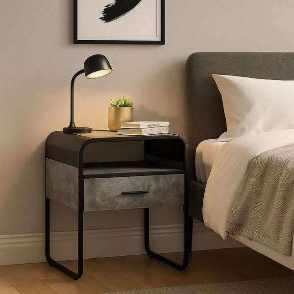 Ish 22 Inch Modern Wood End Table, 1 Drawer, Metal Handles, Gray , Black - BM276255