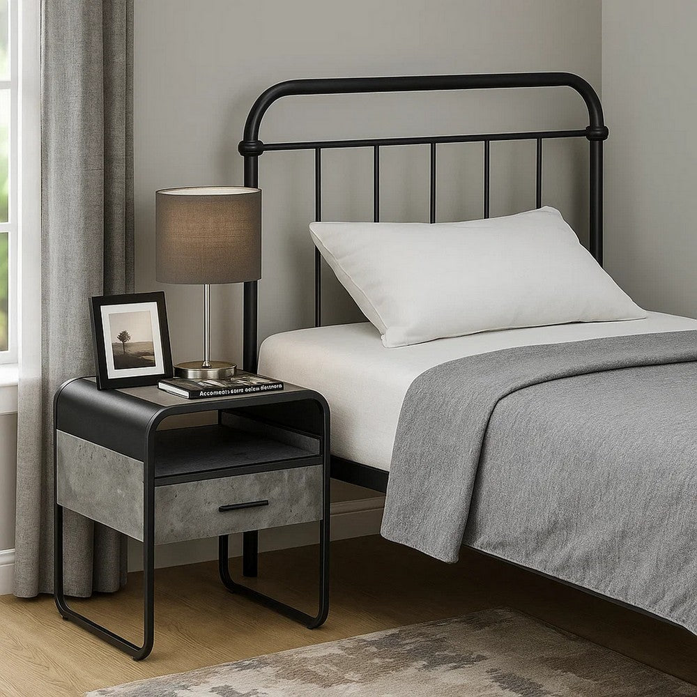 Ish 22 Inch Modern Wood End Table, 1 Drawer, Metal Handles, Gray , Black - BM276255