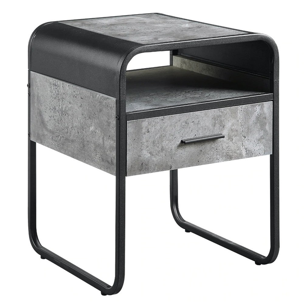 Ish 22 Inch Modern Wood End Table, 1 Drawer, Metal Handles, Gray , Black - BM276255