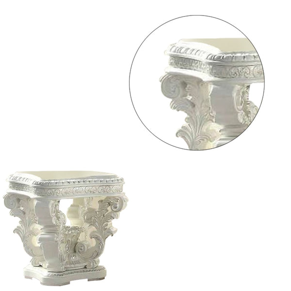 Kin 29 Inch Wood End Table, Raised Scrolled Pedestal, Ornate Motif, White - BM276275